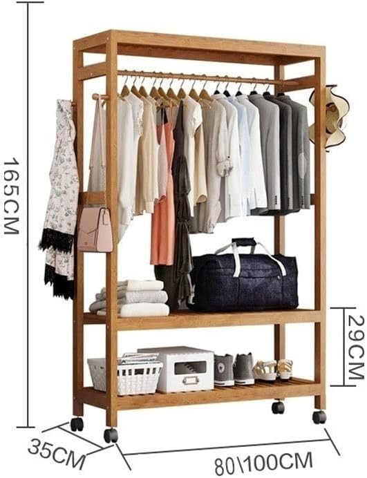 Coat Rack, Bamboo Garment Rack On Wheels Stand Heavy Duty Clothes Hanging Rack With 2 Tier Storage Shelves 4 Hooks For Clothes Shoes Hats Bags In Entryway Bedroom
