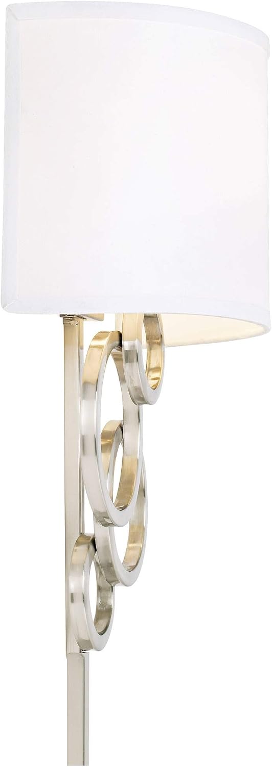 Possini Euro Design Circles Modern Indoor Wall Mount Lamp Brushed Nickel Silver Plug-in Light Fixture Off White Cotton Half Shade for Bedroom Bedside House Reading Living Room Home Hallway Dining