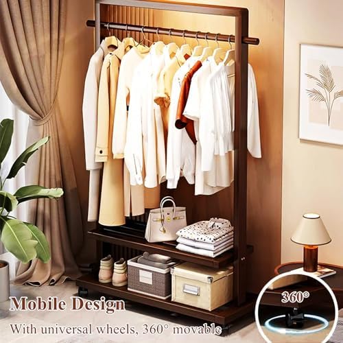 Large Solid Wood Clothes Rack, Garment Rack for Hanging Clothes, Bamboo Clothing Rack with Storage Shelf & Wheels, Portable Clothes Rack Coat Rack for Entryway and Bedroom