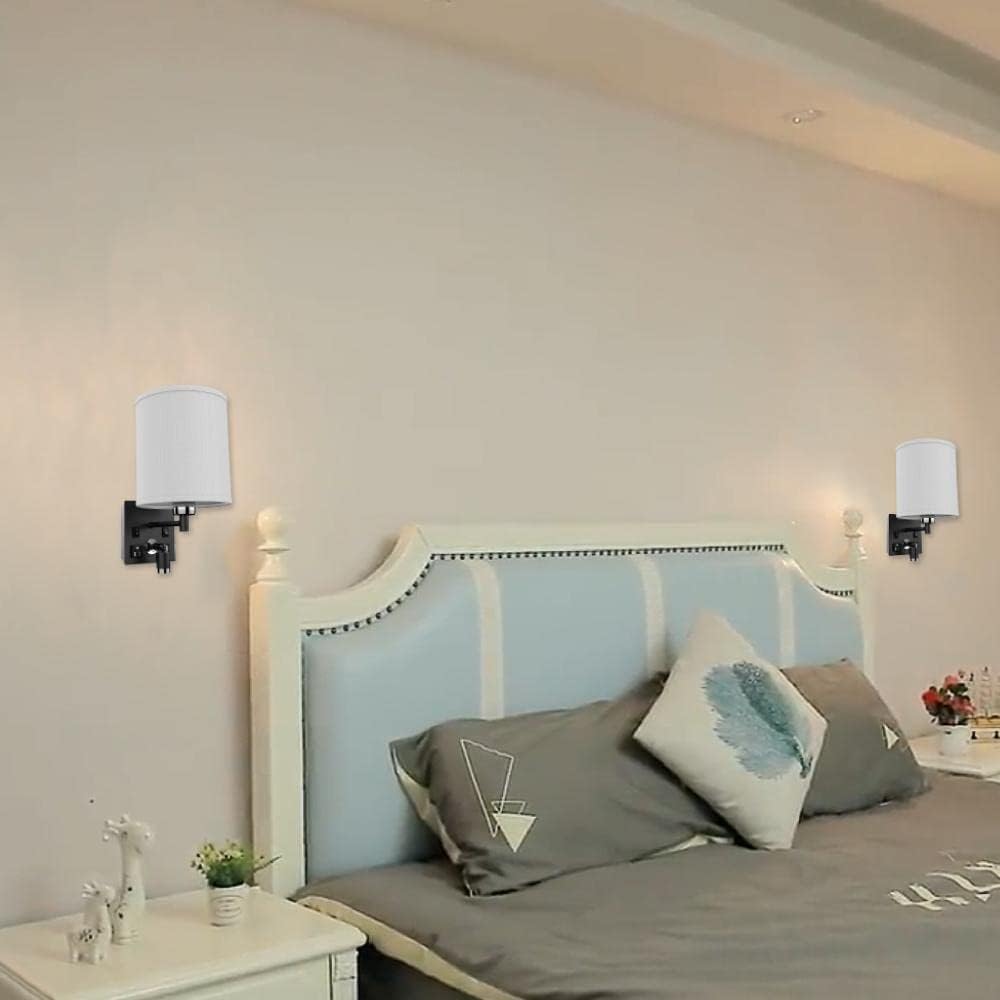 LEDMyplace 1-Light LED Wall Sconces, Indoor Wall Lamps for Living Room with USB Ports and Outlet, E26 Base, 120V, Iron Body, White Fabric Shade, Brushed Nickel Finish, Sconces for Bedroom Set of 4,