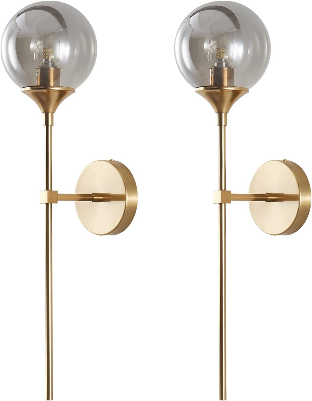BOKT Brushed Brass Gold Wall Mounted Sconce Set of 2 Mid Century Modern Long Globe Wall Light Fixture Vintage Smoke Gray Glass Wall Sconce Lighting (Smoke Gray)