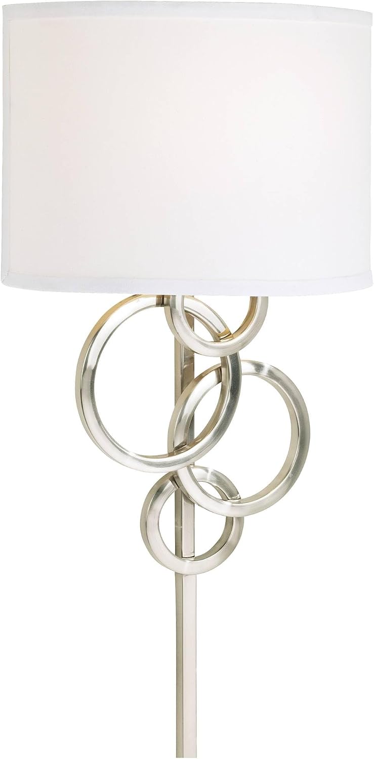 Possini Euro Design Circles Modern Wall Light Sconces Set of 2 with Smart Sockets Brushed Nickel Metal Plug-in 12' Fixture Off-White Cotton Shades for Bedroom Bedside Reading Living Room Hallway