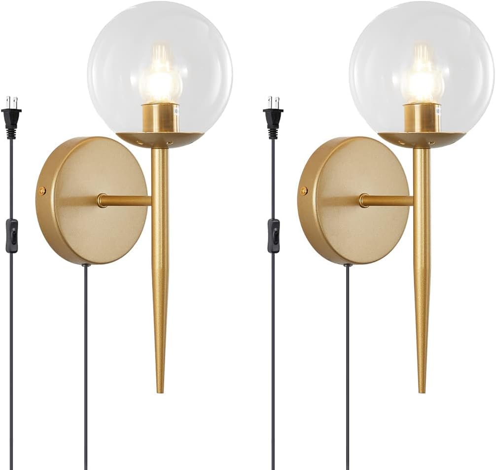 BOKT 1 Light Brushed Gold Wall Sconce Light Set of Two Plug in Cord Mid Century Modern Globe Wall Sconce Set of 2 Plug in Clear Bubble Glass Bathroom Vanity Wall Lamp Plug in (Clear)