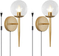 BOKT 1 Light Brushed Gold Wall Sconce Light Set of Two Plug in Cord Mid Century Modern Globe Wall Sconce Set of 2 Plug in Clear Bubble Glass Bathroom Vanity Wall Lamp Plug in (Clear)