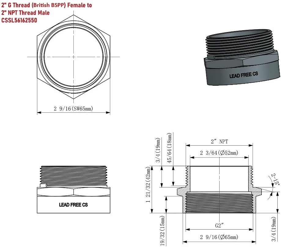 G Thread (British BSPP) Female to NPT Thread Male Pipe Fitting Adapter - Lead-Free Adapter (Two, 2 inch)