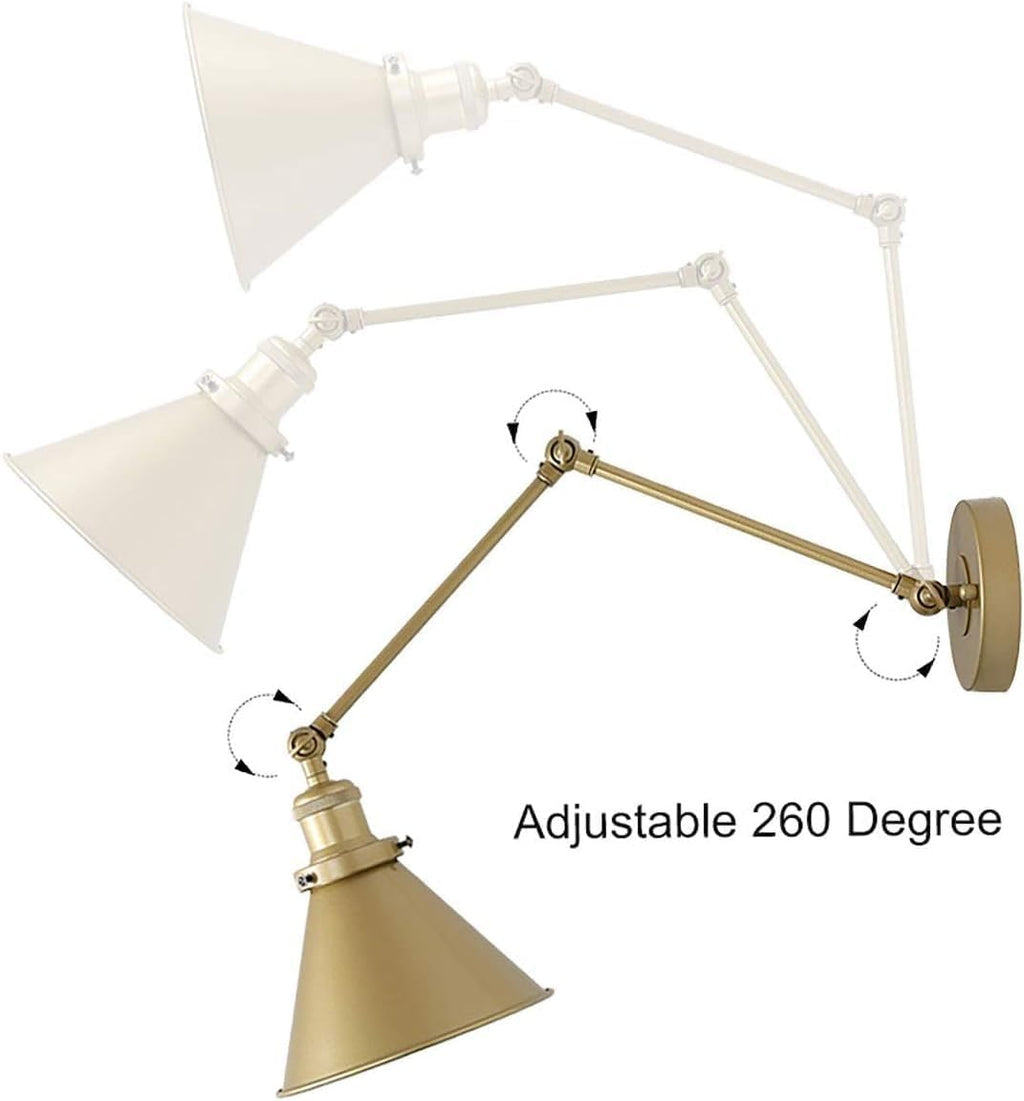 LALUZ Gold Wall Sconces Lighting 2 Pack, Modern Swing Arm Plug-in or Hardwired Adjustable Wall Lamp with Brass Finish for Bedroom, Kitchen, and Living Room