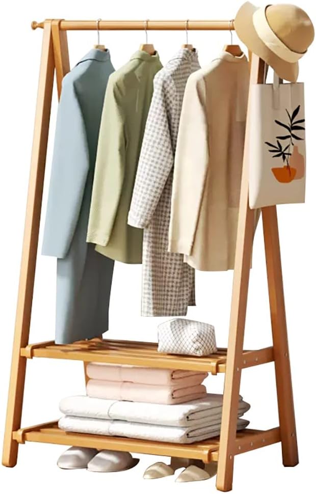 Heavy Duty 2-Tier Bamboo Clothing Rack with Coat Stand & Shoe nizer - Stylish Wardrobe Stora for Hanging Clothes, Garment nizer for Home & Closet