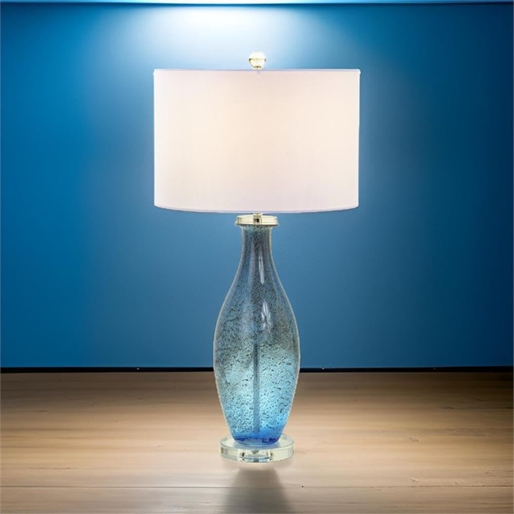 Pemberly Row Contemporary Table Lamps, 30-Inch Blue Tone Art Glass Body with Crystal Base, Linen Shade, 3-Way Switch, Coastal Style for Living Room or Bedroom Lighting, Set of 2
