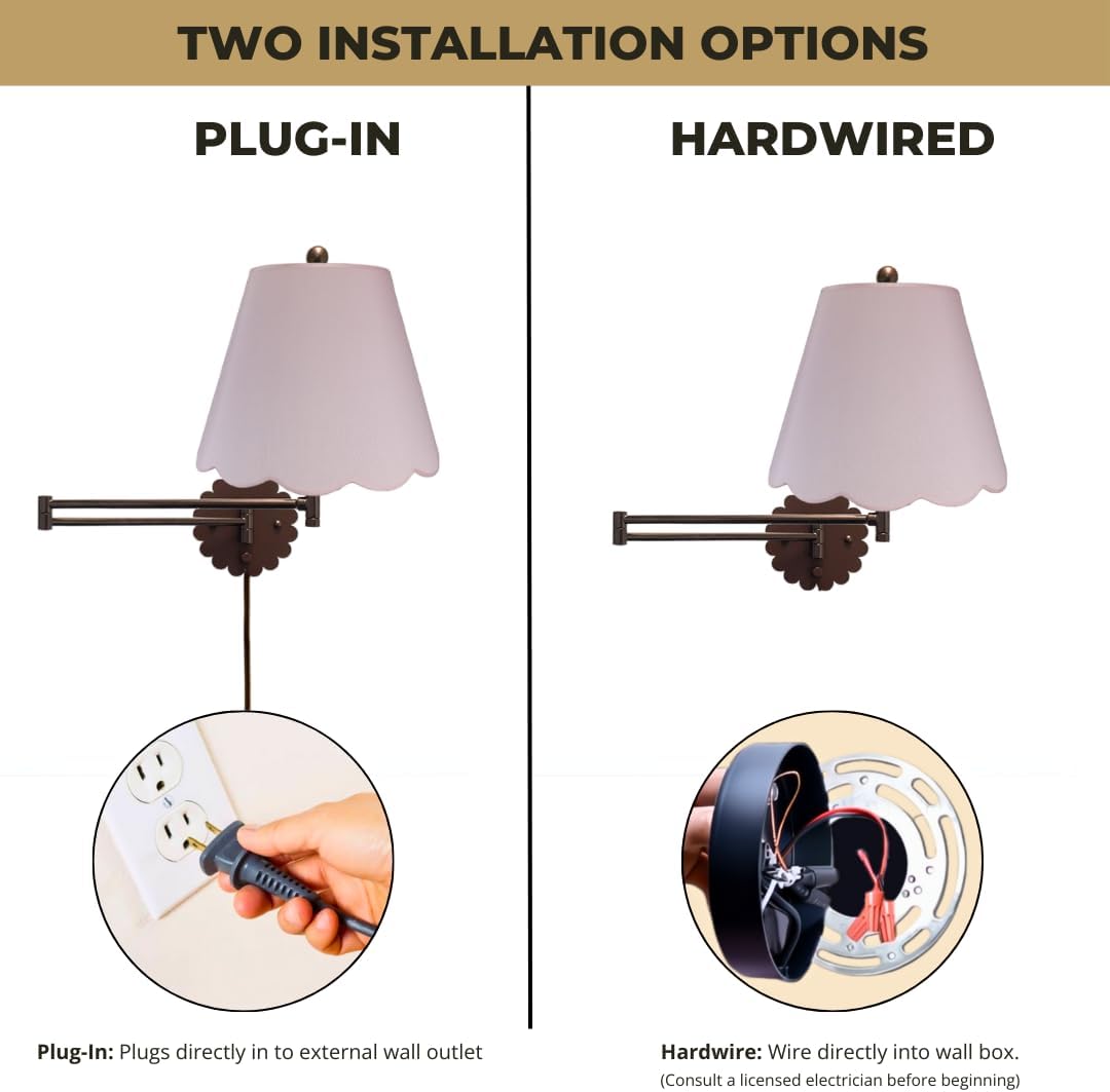 Royal Designs, Inc. Set of 2 Scalloped Swing-Arm Dimmable Wall Lamp - Oil Rubbed Bronze Lamp with Pink Scallop Hardback Lampshade