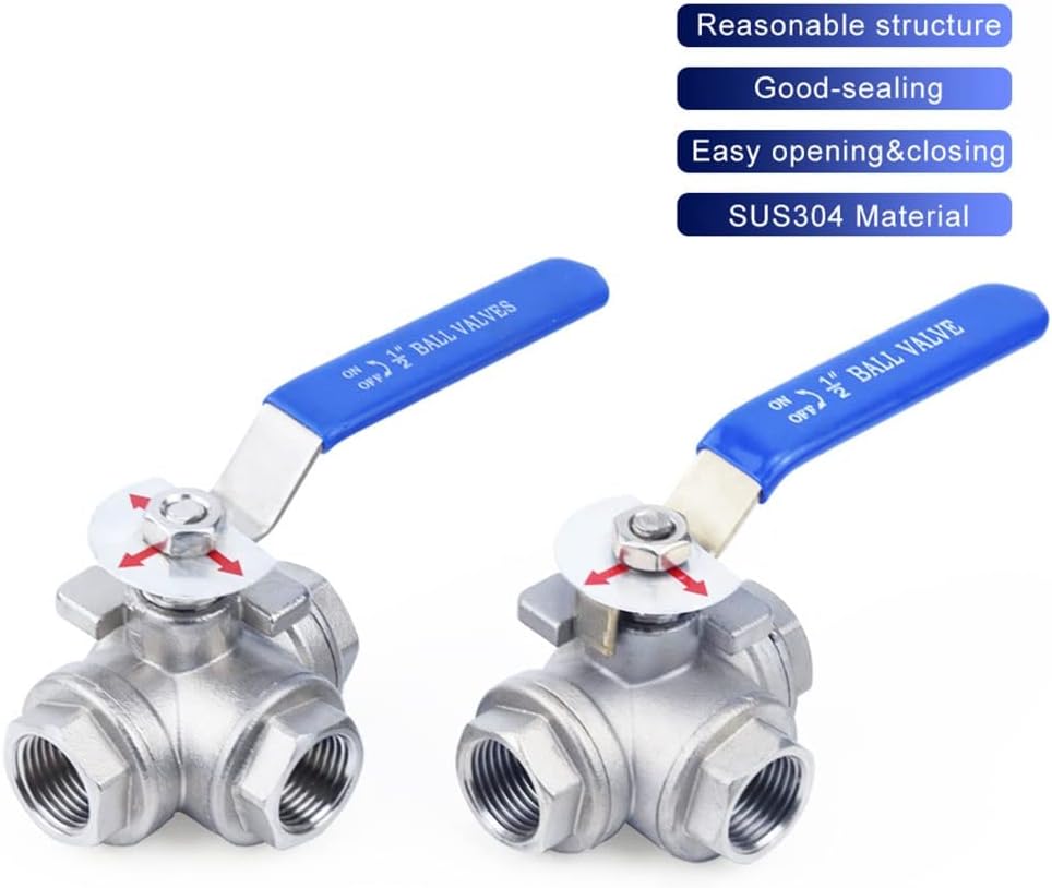 Garden Tap Connector Water Pipe Connectors, Stainless Steel 3-Way Ball Valve,T-Type L-Type 1/4' 3/8' 1/2' 3/4' 1' DN8- DN50 BSPT Female Thread Ball Valvees,1(T Type,DN10)