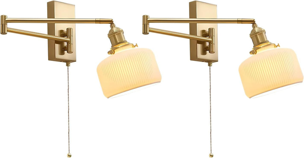 Gold Wall Sconces Set of 2 Modern Brass Swing Arm Wall Lamp with Pull Chain Milk GlassLight Fixture for Bedroom Living Room Hallway MWL14B-2