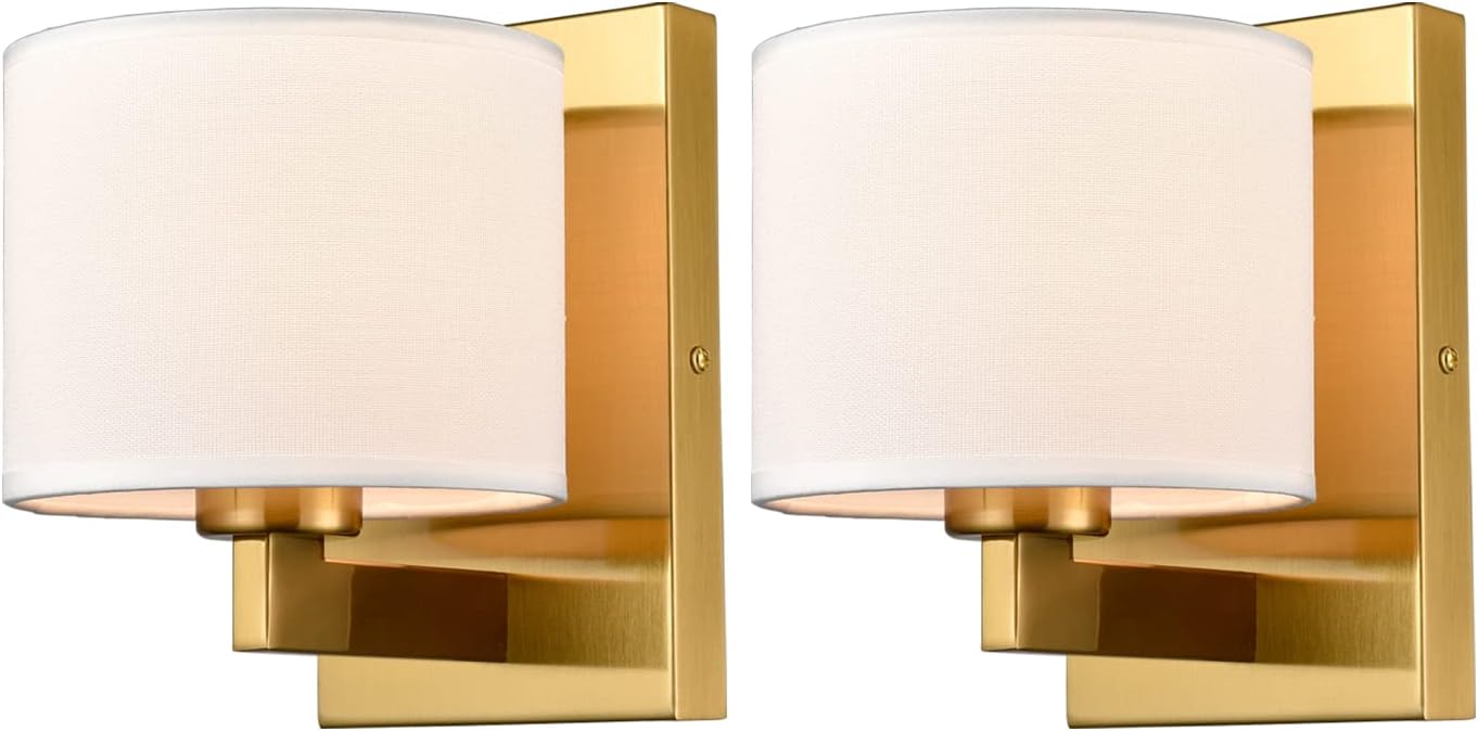 SAMTEEN Gold Wall Sconces Set of Two Mid Century Modern Brass Sconces Wall Lighting with Drum Shade Wall Lamp for Bedroom Hallway Foyer Living Room