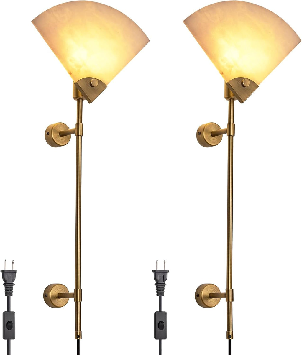 Alabaster Plug in Wall Sconce Set of Two, Natural Marble Wall Light, Wall Mounted Lamp with Plug in Switch E26 Base,Modern LED Wall Lamp for Living Room Dining Room Stairs Bedroom