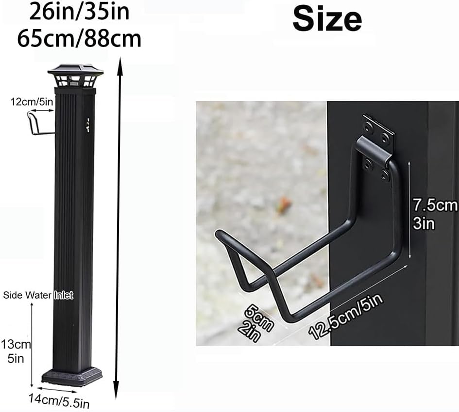 Garden Floor Mount Water Tap Stainless Steel Cylindrical Water Column, Outdoor Anti-Freeze Water Pipe with Solar Led Light, Yard Water Dispenser Hydrant Water Feature Fountain,26In (26In)
