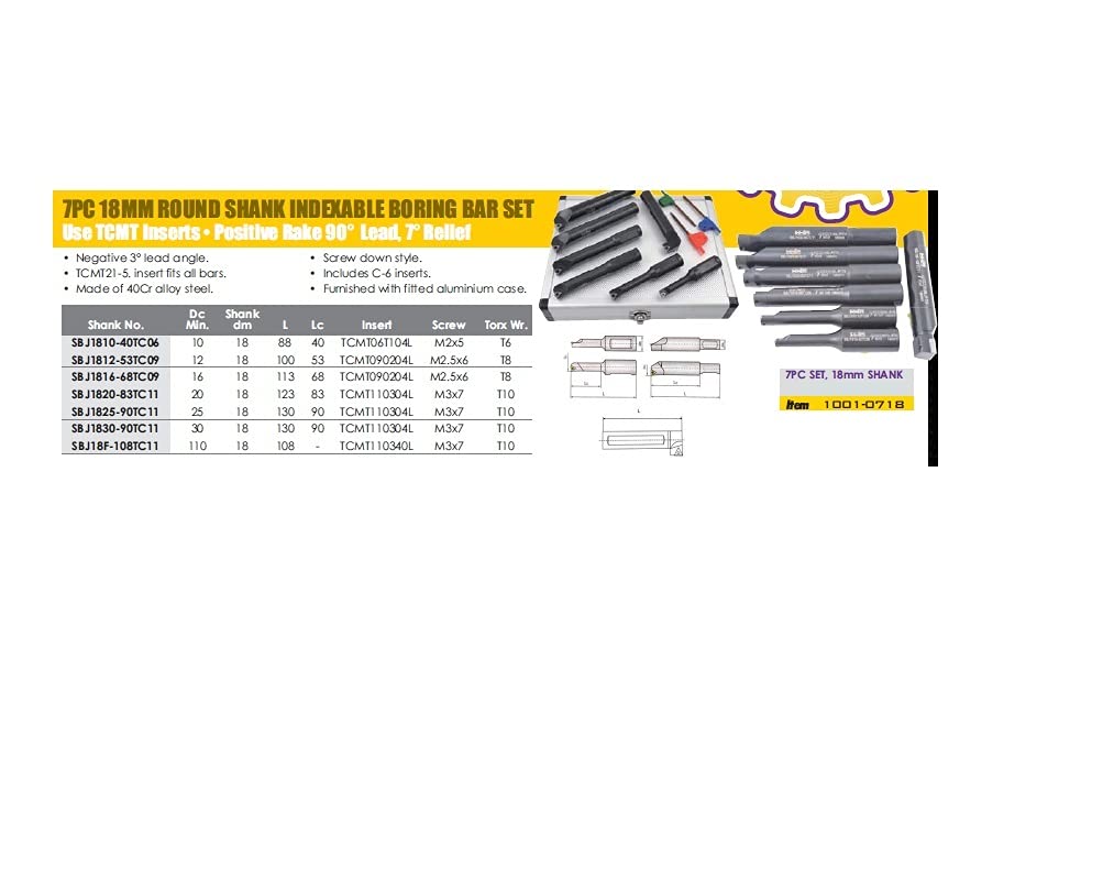 HHIP 1001-0718 7 Piece 18mm Round Shank Indexable Boring Bar Set