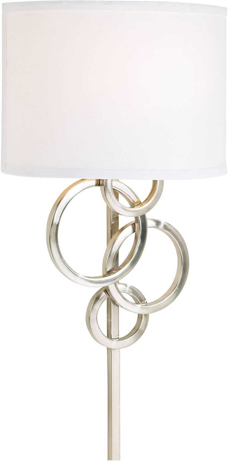 Possini Euro Design Circles Modern Wall Light Sconces Set of 2 Brushed Nickel Silver Metal Plug-in 12' Fixture Off-White Cotton Half Shade for Bedroom Bathroom Vanity Living Room Home Hallway House