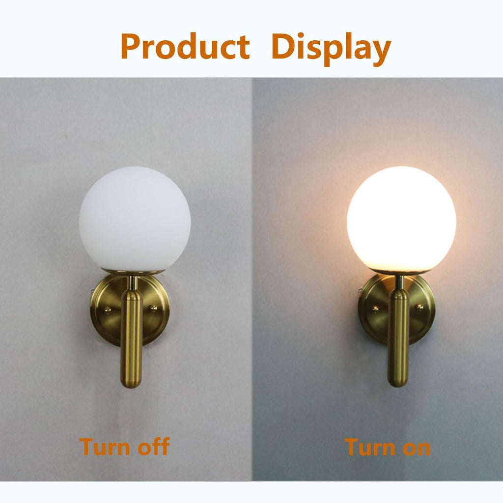 DIRYZON Modern Plug in Wall Light Dimmable Wall Sconces Set of 2 with Switch Brass Wall Sconce for Bedroom Bathroom,Opal Globe Glass