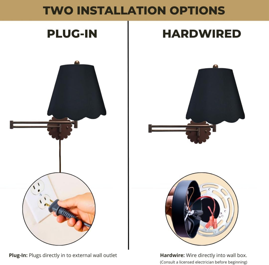 Royal Designs, Inc. Set of 2 Scalloped Swing-Arm Dimmable Wall Lamp - Oil Rubbed Bronze Lamp with Black Scallop Hardback Lampshade