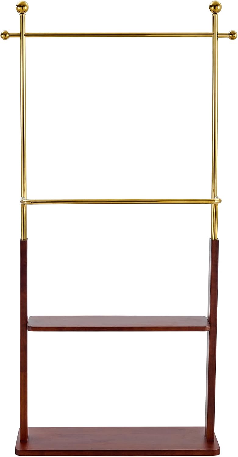 CHANCEE 68.9' Golden Stainless Steel and Walnut Solid Wood Double-Layer Coat Rack, Modern Freestanding Clothes Hanger with Storage Shelf, Multi-Functional Entryway Organizer Cabinet