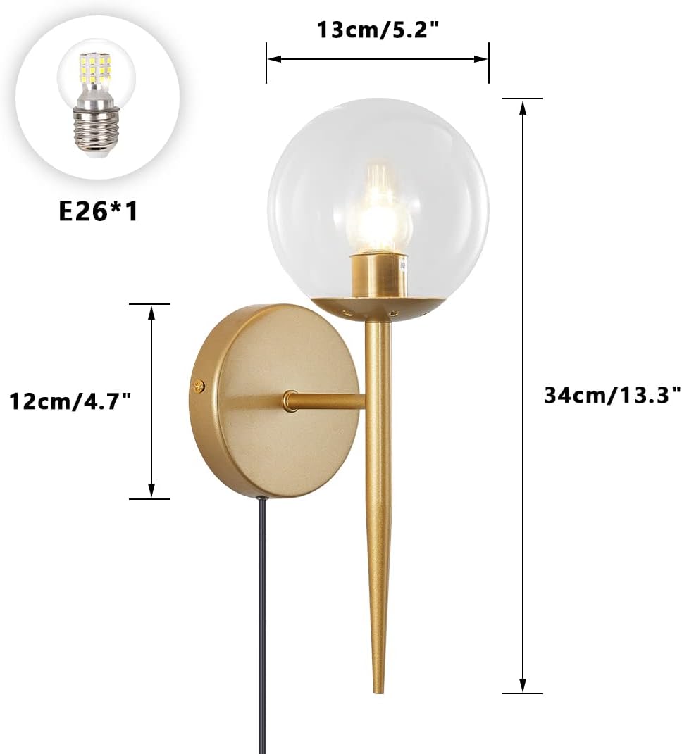 BOKT 1 Light Brushed Gold Wall Sconce Light Set of Two Plug in Cord Mid Century Modern Globe Wall Sconce Set of 2 Plug in Clear Bubble Glass Bathroom Vanity Wall Lamp Plug in (Clear)