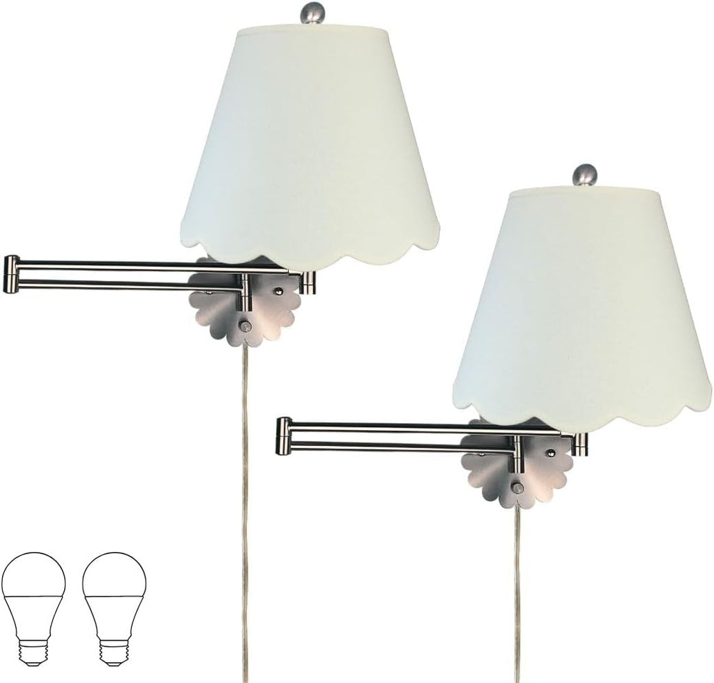 Royal Designs, Inc. Set of 2 Scalloped Swing-Arm Dimmable Wall Lamp - Brushed Nickel Lamp with Linen Eggshell Scallop Hardback Lampshade