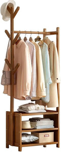 Bamboo Garment Coat Clothes Hanging Rack Closet with Wheels Garment Rack Organizer Rod for Bedroom Free Standing Coat Rack Garment Clothes Hanging Rack Foldable Space Saving