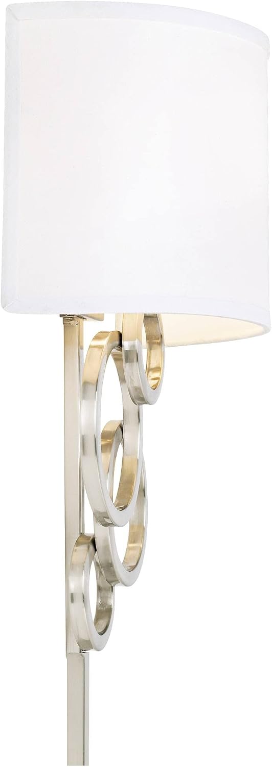 Possini Euro Design Circles Modern Wall Light Sconces Set of 2 with Smart Sockets Brushed Nickel Metal Plug-in 12' Fixture Off-White Cotton Shades for Bedroom Bedside Reading Living Room Hallway