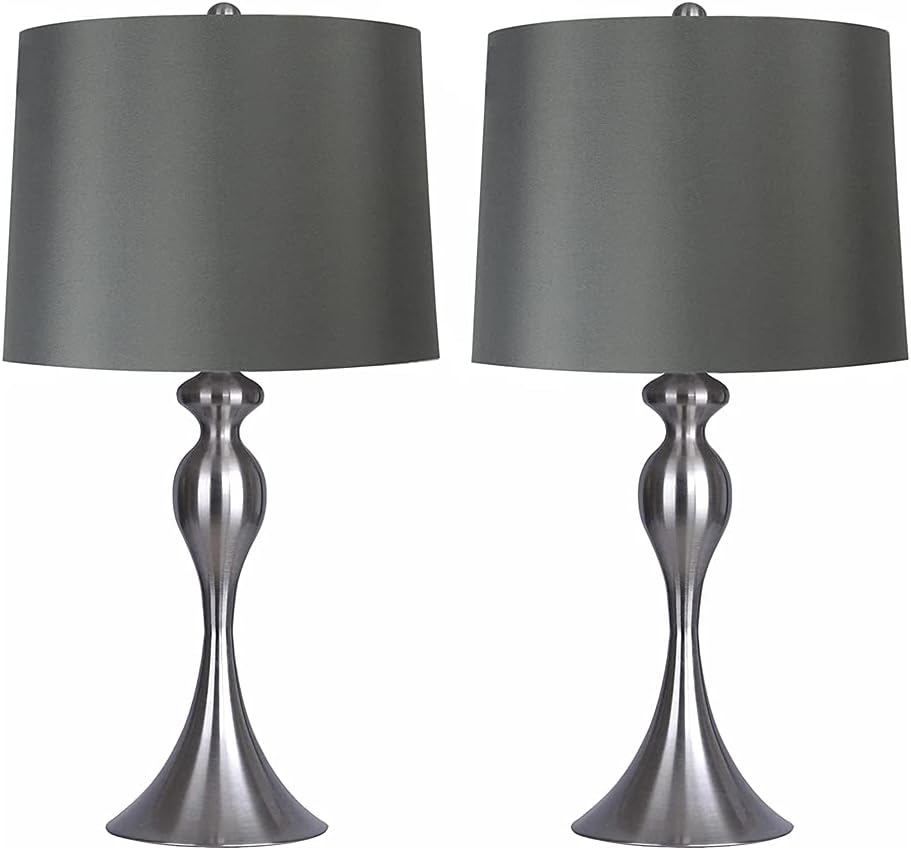 Grandview Gallery Table Lamps with Dark Grey Lamp Shade, Set of 2 - Brushed Nickel Body with Grey Linen Shade, 26.5' Table Lamps for Bedrooms, Dressers, Buffets and More - ST90215FQ-(W)