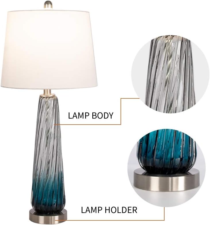 Maxax 29' Coastal Glass Table Lamps Set of 2, Modern Blue Bedside Lamps for Living Room 3 Way Dimmable Tall Glass Bedroom Lamp for Nightstand