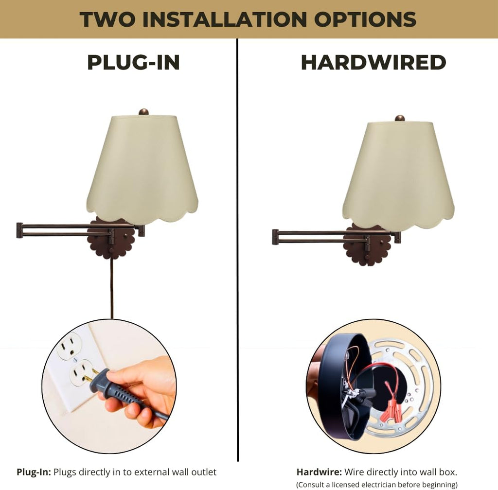 Royal Designs, Inc. Set of 2 Scalloped Swing-Arm Dimmable Wall Lamp - Oil Rubbed Bronze Lamp with Beige Scallop Hardback Lampshade