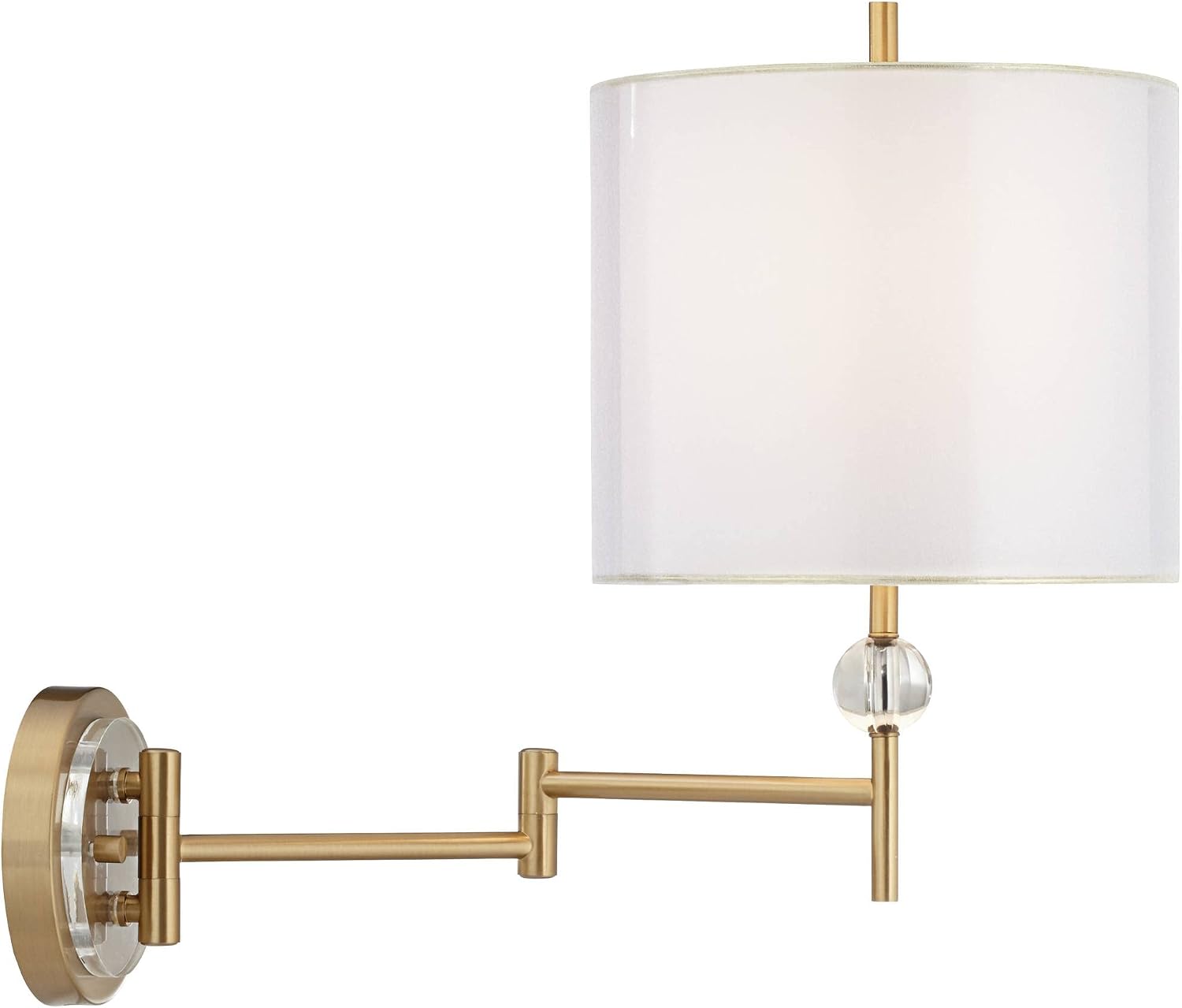 Possini Euro Design Kohle Modern Swing Arm Wall Lamps Set of 2 Polished Brass Plug-in Light Fixture Sheer White Double Drum Fabric Shade for Bedroom Bedside Reading Living Room Home Hallway Dining