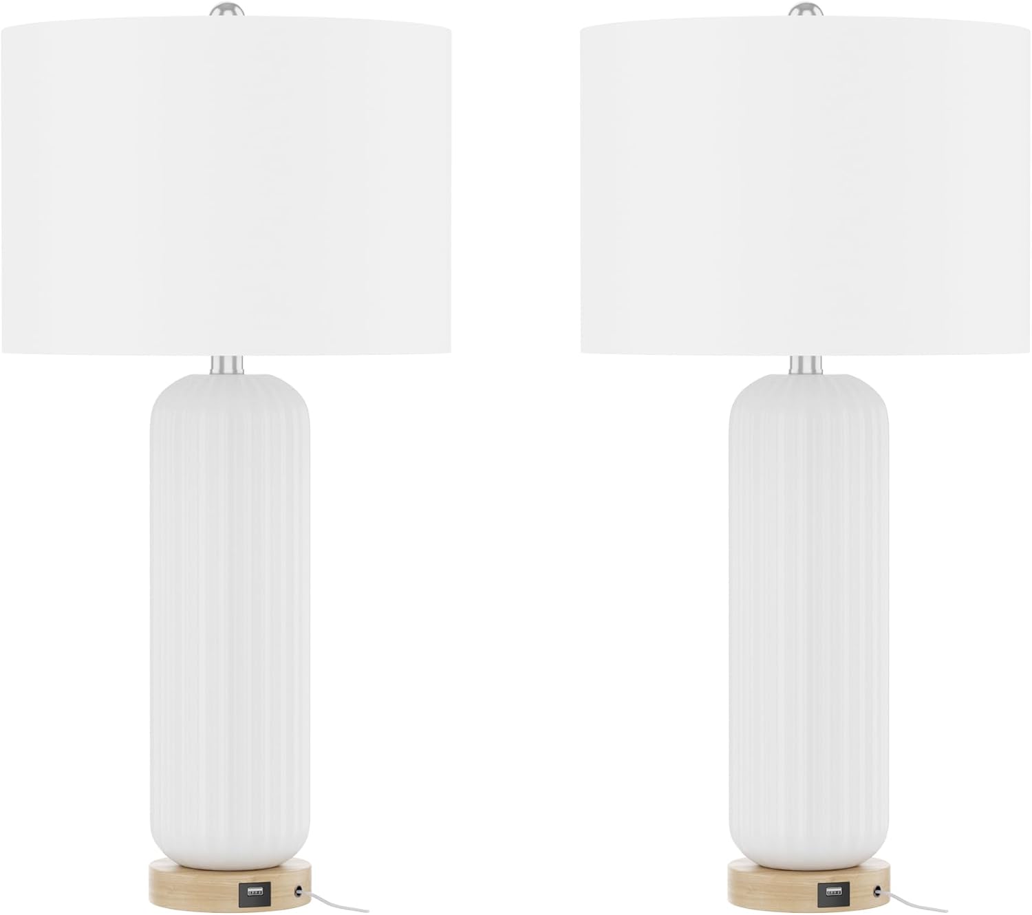Maxax 28' Ceramic Table Lamps Set of 2, White Modern Nightstand Lamp with USB Charging Port, 3 Way Dimmable Bedside Lamp with Linen Shades for Bedroom, Living Room and Office