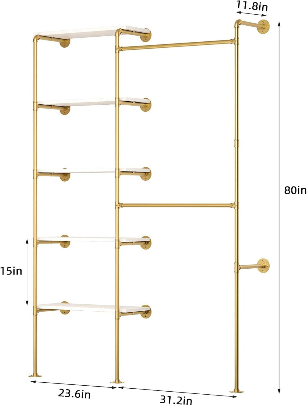 Industrial Pipe Clothing Rack, Wall Mounted DIY Garment Rack with 2 Adjustable Rod & 5 Shelves, Heavy Duty Closet Organizers System in Wardrobe Closet, Gold