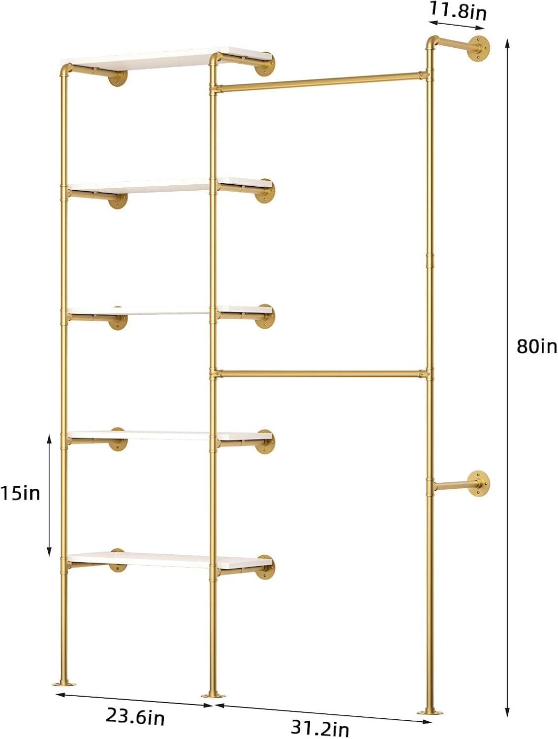 Industrial Pipe Clothing Rack, Wall Mounted DIY Garment Rack with 2 Adjustable Rod & 5 Shelves, Heavy Duty Closet Organizers System in Wardrobe Closet, Gold