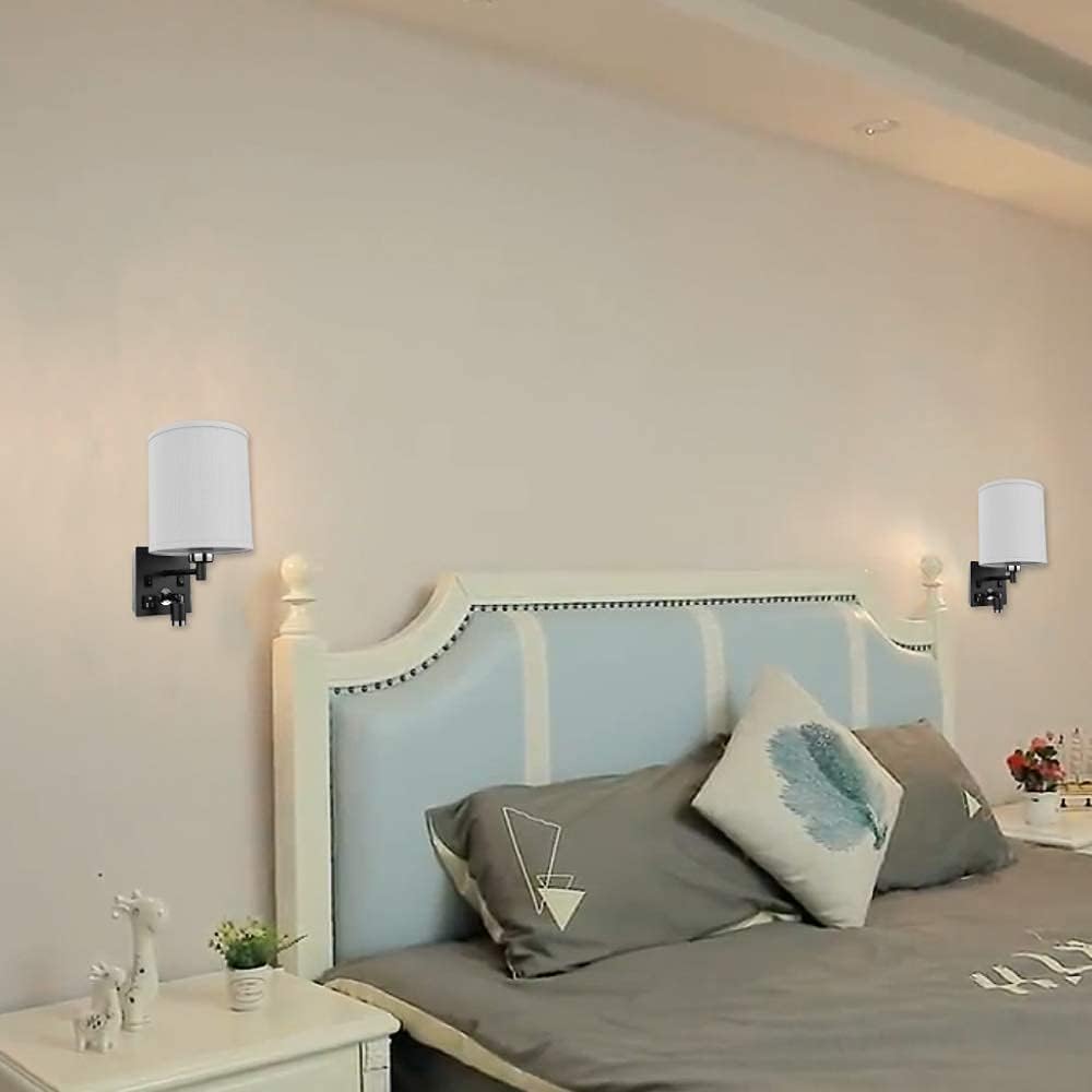 LEDMyplace Wall Sconces Set of 2 LED Indoor Wall Sconce, Bedside Light Fixture with USB Ports & Outlet, White Fabric Shade, Black Metal Finish Wall Lamps for Bedroom, Living Room