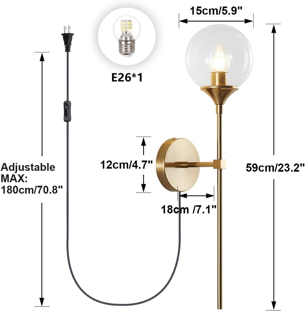 BOKT Modern Long Globe Plug in Wall Sconce Lighting Set of 2 Mid Century Brass Gold Wall Sconce Light Plug in Set of Two Clear Glass Bathroom Bedroom Wall Lamp (Clear-Plug in)