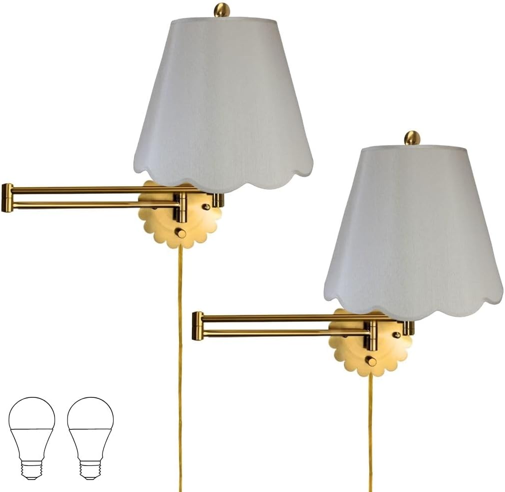 Royal Designs, Inc. Set of 2 Scalloped Swing-Arm Dimmable Wall Lamp - Brushed Satin Brass Lamp with Gray Scallop Hardback Lampshade