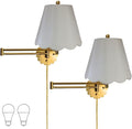 Royal Designs, Inc. Set of 2 Scalloped Swing-Arm Dimmable Wall Lamp - Brushed Satin Brass Lamp with Gray Scallop Hardback Lampshade