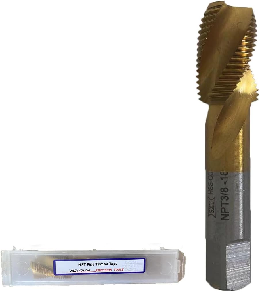 NPT Tap Pipe Thread,High Speed Steel Cobalt-Titanium Coating,Inch Straight Flute Taps – NPT Threading Tools for Pipe Work DRINYOUNG (Spiral 3/8'-18 NPT Qty 10)