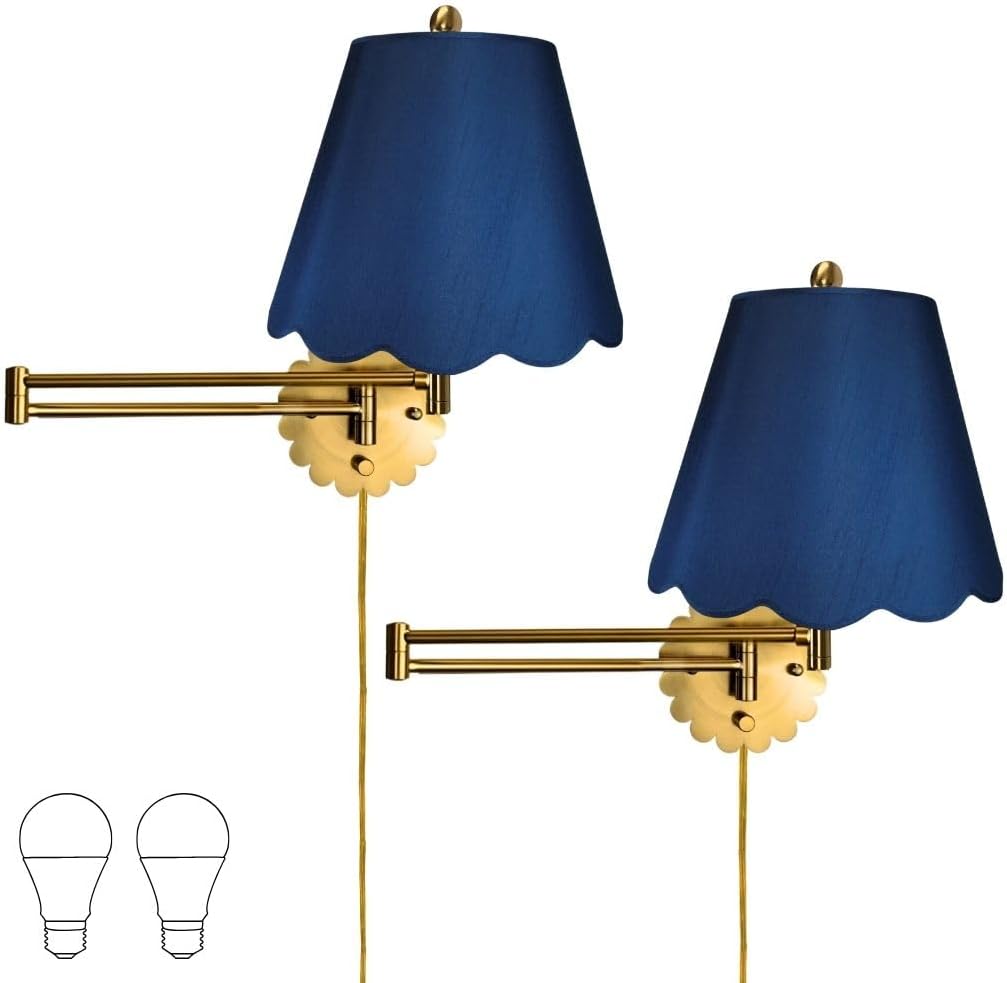 Royal Designs, Inc. Set of 2 Scalloped Swing-Arm Dimmable Wall Lamp - Brushed Satin Brass Lamp with Navy Blue Scallop Hardback Lampshade
