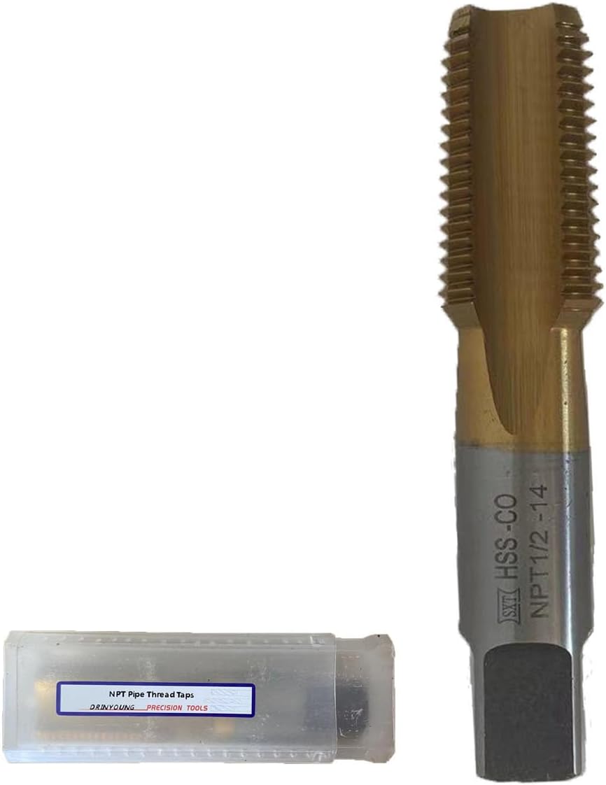 NPT Tap Pipe Thread,High Speed Steel Cobalt-Titanium Coating,Inch Straight Flute Taps – NPT Threading Tools for Pipe Work DRINYOUNG (Straight 1/2'-14 NPT Qty 5)