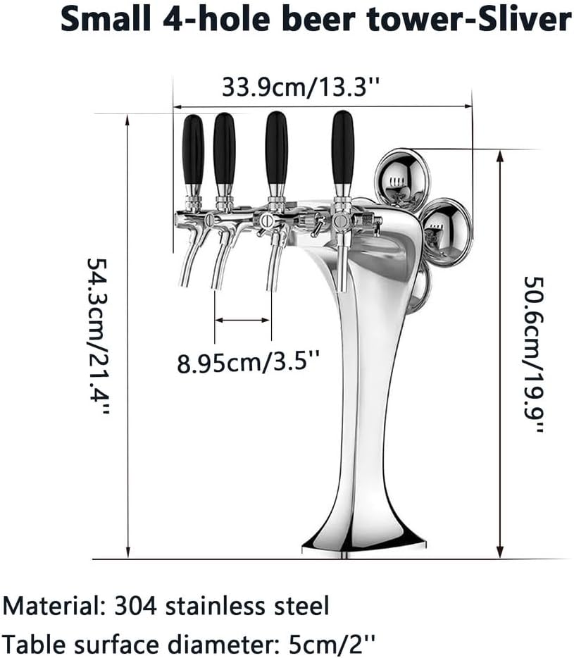 4 Taps Stainless Steel Tower, Pipe Tower Kegerator, with LED Beer Labels, Electroplating Surface (Gold/Sliver),Silver