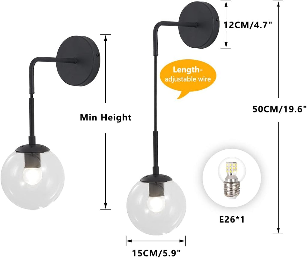 BOKT Mid Century Modern Black Wall Sconce Light Set of Two Clear Glass Globe Ball Wall Lighting Set of 2 Minimalist Adjustable Bedside Wall Lamp 1-Light Vanity Bathroom Wall Light Fixture (Clear)