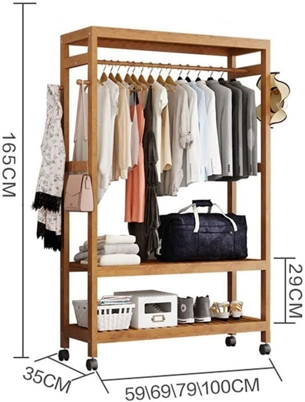 Heavy Duty Bamboo Garment Rack with Wheels - Portable Closet Organizer for Bedroom and Entryway - Multi-Functional Laundry Rack for Hanging Clothes/A/69 * 35 * 165Cmc,A,100 * 35 * 165Cm