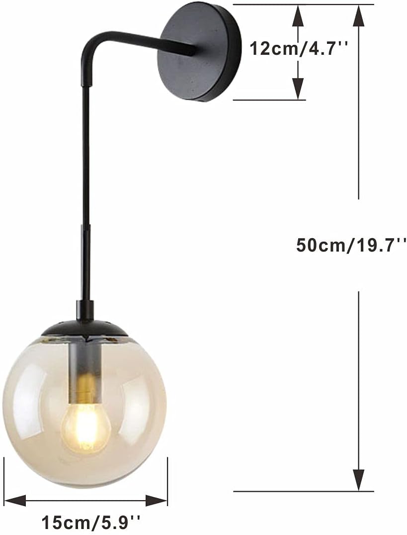 BOKT Matte Black Amber Glass Round Wall Sconce Light Set of Two Mid Century Modern Globe Bathroom Wall Sconce Lamp Set of 2 Farmhouse Industrial Adjustable Bar Wall Light Fixture (Amber)