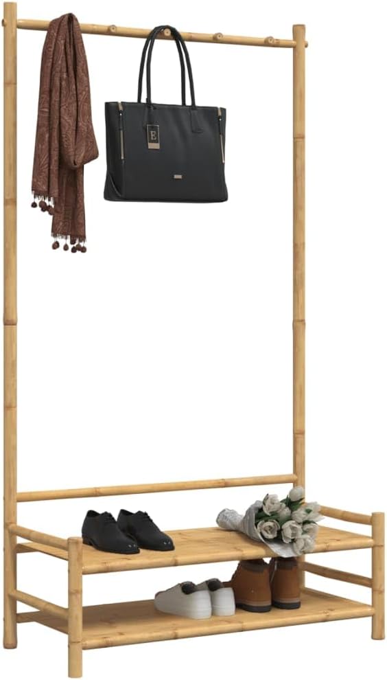 Clothes Rack, Natural Bamboo Compact Clothes Hanging Storage Organizer with Shelves, Entryway Garment Rack for Small Spaces, 15.7 x 40.6 x 72.0 in.