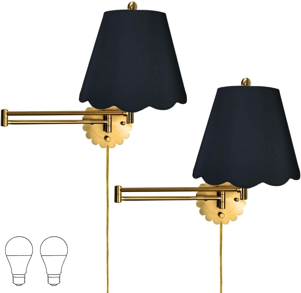 Royal Designs, Inc. Set of 2 Scalloped Swing-Arm Dimmable Wall Lamp - Brushed Satin Brass Lamp with Black Scallop Hardback Lampshade