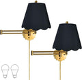 Royal Designs, Inc. Set of 2 Scalloped Swing-Arm Dimmable Wall Lamp - Brushed Satin Brass Lamp with Black Scallop Hardback Lampshade