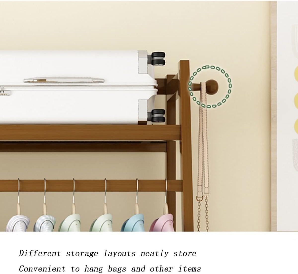 Bamboo Clothes Hanging Rack with 2 Tier Storage Shelves and 2 Coat Hooks Portable Organizer Garment Rack for Bedroom Guest Room/Brown/100 * 42 * 140Cm (Primary Color 70*42*140Cm)