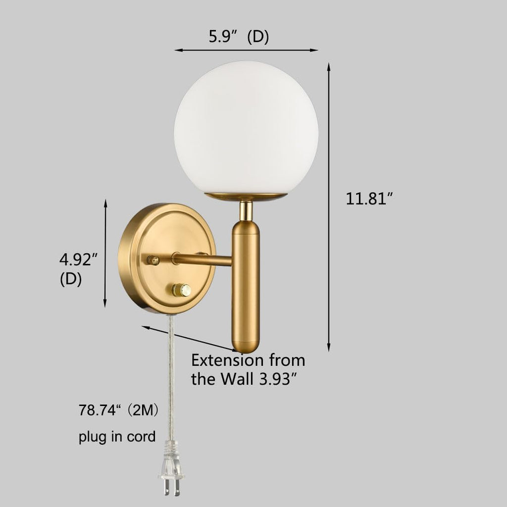 DIRYZON Modern Plug in Wall Light Dimmable Wall Sconces Set of 2 with Switch Brass Wall Sconce for Bedroom Bathroom,Opal Globe Glass